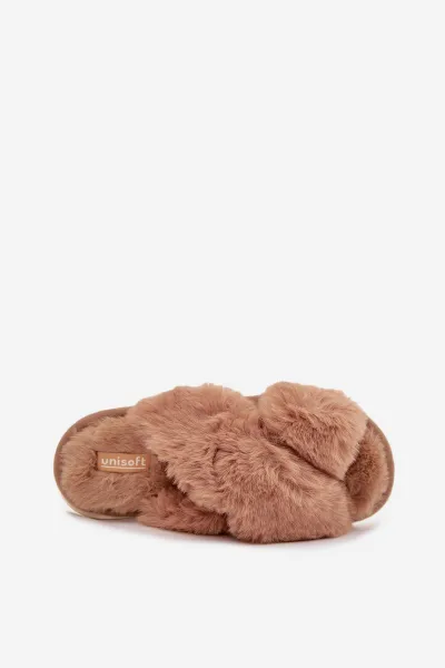 EVENTO Kožušinové domáce papuče pre ženy s prepletenými pásmi Camel Quenelle