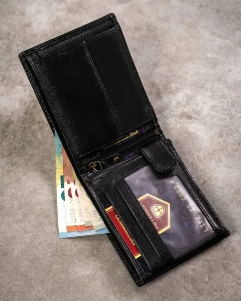 Elegantný čierny kožený set Peterson - peňaženka a kľúčenka