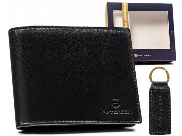 Elegantný čierny kožený set Peterson - peňaženka a kľúčenka