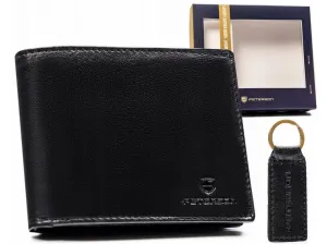 Elegantný čierny kožený set Peterson - peňaženka a kľúčenka