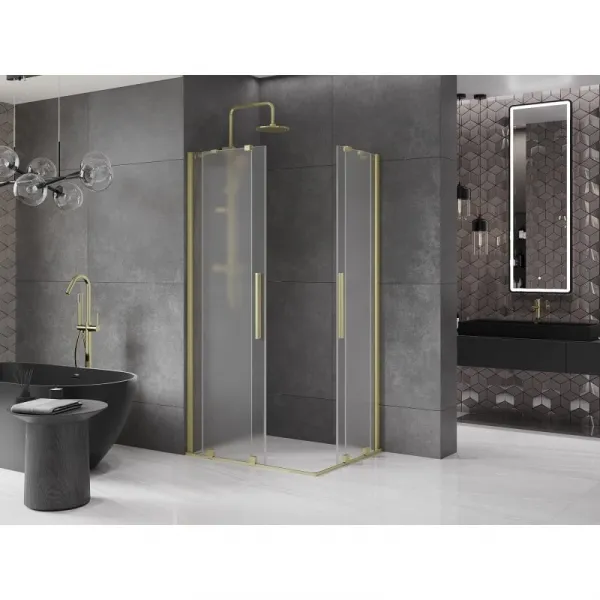 MEXEN/S - Velar Duo sprchovací kút, posuvné dvere 90 x 80, dekor, zlato kartáčovaná 871-090-080-32-55