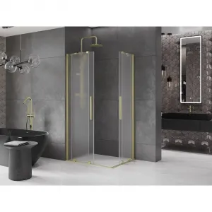 MEXEN/S - Velar Duo sprchovací kút, posuvné dvere 90 x 80, dekor, zlato kartáčovaná 871-090-080-32-55