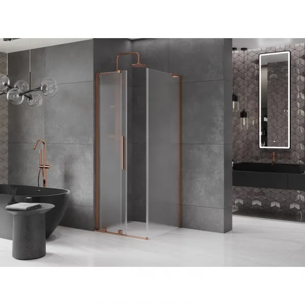 MEXEN/S - Velar L sprchovací kút, posuvné dvere 90 x 90, dekor, ružové zlato 871-090-090-33-60