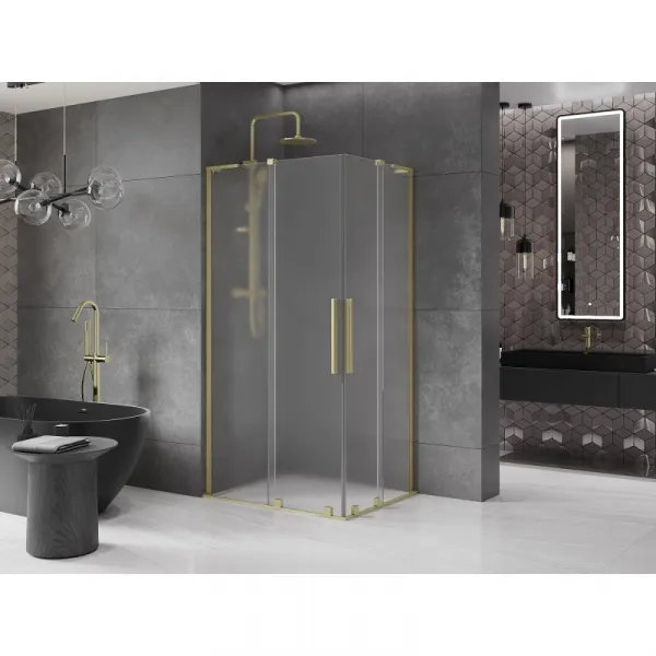 MEXEN/S - Velar L Duo sprchovací kút, posuvné dvere 90 x 80, dekor, zlato kartáčovaná 871-090-080-02-33-55