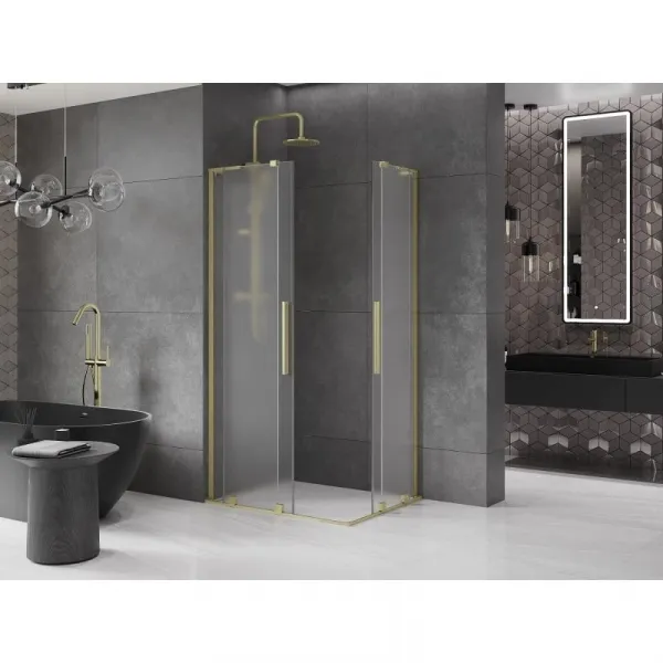 MEXEN/S - Velar L Duo sprchovací kút, posuvné dvere 90 x 80, dekor, zlato kartáčovaná 871-090-080-02-33-55