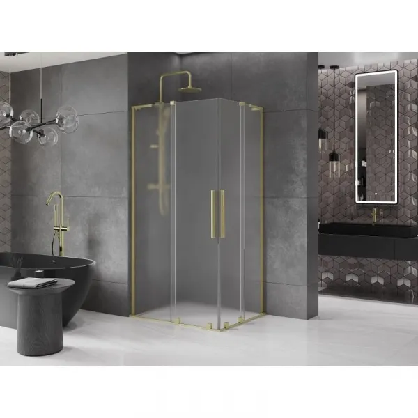 MEXEN/S - Velar L Duo sprchovací kút, posuvné dvere 100 x 90, dekor, zlato kartáčovaná 871-100-090-02-33-55