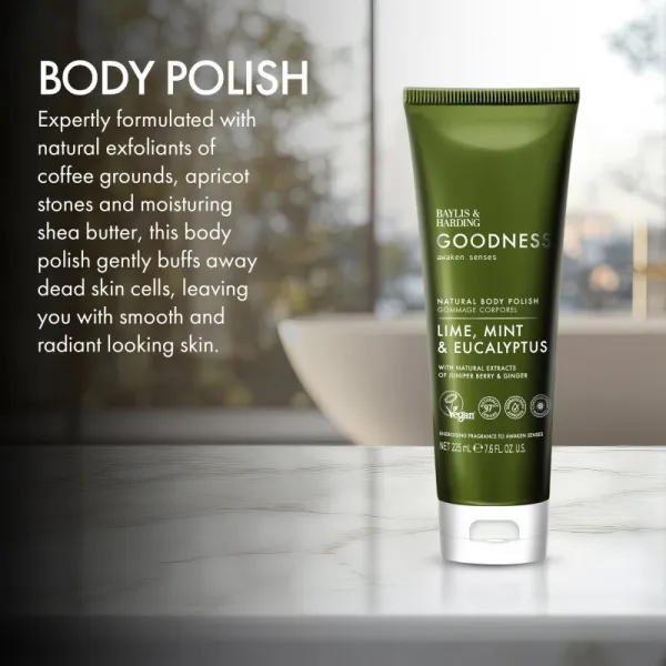 Baylis & Harding Goodness Awaken Senses osviežujúci telový peeling vône Lime, Mint & Eucalyptus 225 ml