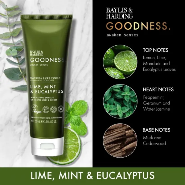 Baylis & Harding Goodness Awaken Senses osviežujúci telový peeling vône Lime, Mint & Eucalyptus 225 ml