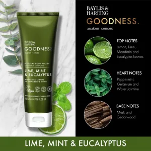 Baylis & Harding Goodness Awaken Senses osviežujúci telový peeling vône Lime, Mint & Eucalyptus 225 ml