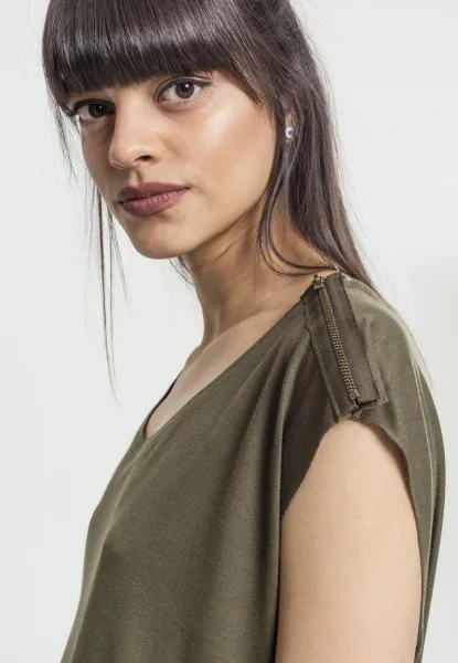 Women's Olive T-Shirt HiLo with Shoulder Zipper