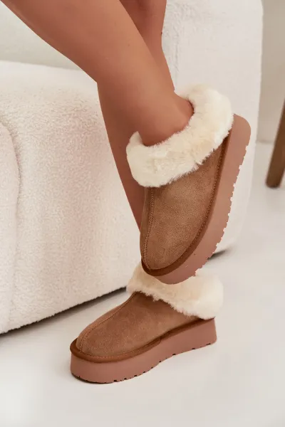 Boto Kožené semišové zimné čižmy pre ženy s kožušinkou Camel Mivelle