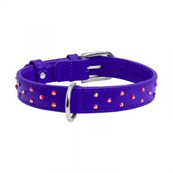 Plochý kožený obojok fialovej farby s kryštálmi, Obvod krku: 30-39 cm, širka: 20 mm