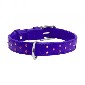 Plochý kožený obojok fialovej farby s kryštálmi, Obvod krku: 30-39 cm, širka: 20 mm