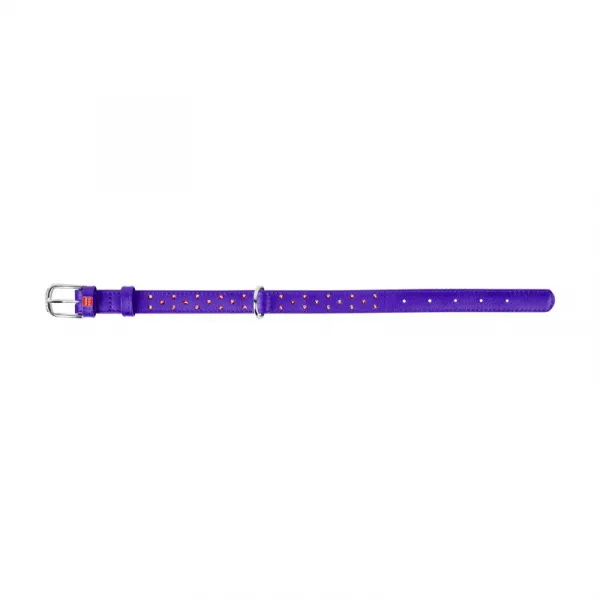 Plochý kožený obojok fialovej farby s kryštálmi, Obvod krku: 30-39 cm, širka: 20 mm