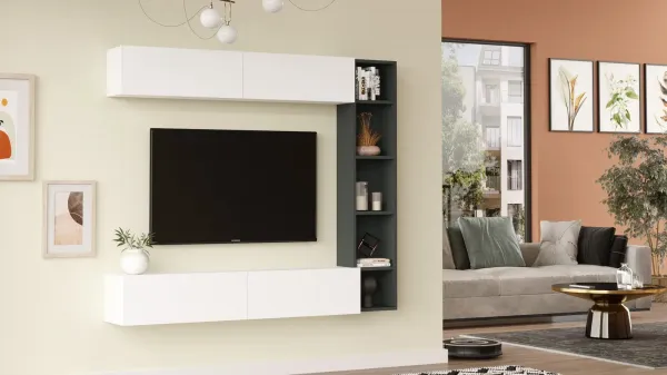TV stena Houseland Cohen biela/antracitovo sivá