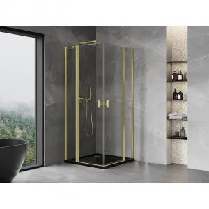MEXEN/S - Mist Duo sprchovací kút dvere krídlové 80 x 80, transparent, zlato kartáčovaná 8A4-080-080-55-00