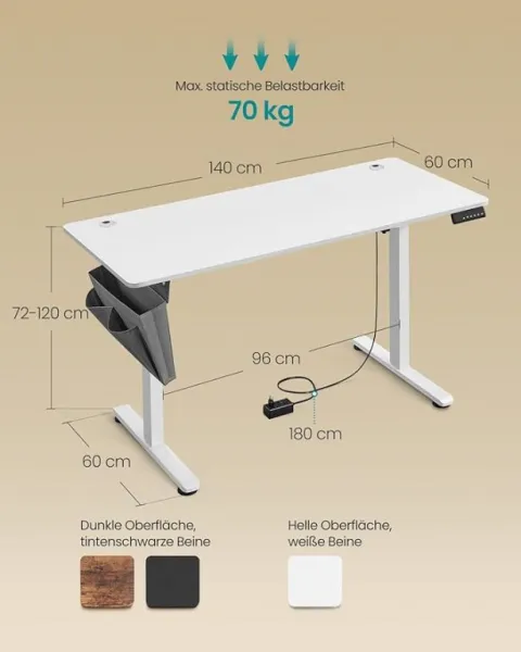 Elektricky výškovo nastaviteľný pracovný stôl 140×60 cm biel