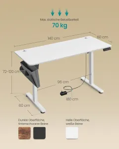 Elektricky výškovo nastaviteľný pracovný stôl 140×60 cm biel