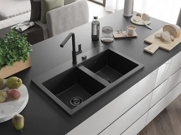 MEXEN/S MEXEN/S - Hektor granitový drez 2-bowl 800 x 480 mm, čierna/strieborná metalík, čierny sifón 6521802000-73-B