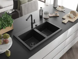 MEXEN/S MEXEN/S - Hektor granitový drez 2-bowl 800 x 480 mm, čierna/strieborná metalík, čierny sifón 6521802000-73-B