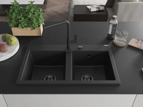 MEXEN/S MEXEN/S - Hektor granitový drez 2-bowl 800 x 480 mm, čierna/strieborná metalík, čierny sifón 6521802000-73-B