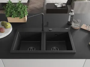 MEXEN/S MEXEN/S - Hektor granitový drez 2-bowl 800 x 480 mm, čierna/strieborná metalík, čierny sifón 6521802000-73-B