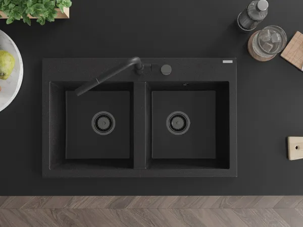 MEXEN/S MEXEN/S - Hektor granitový drez 2-bowl 800 x 480 mm, čierna/strieborná metalík, čierny sifón 6521802000-73-B