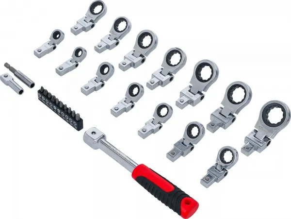 BGS Technics BGS 84529 – Račňový očkový kľúč s nástrčnými hlavicami a bitmi, sada 27 dielna (6–20 mm)