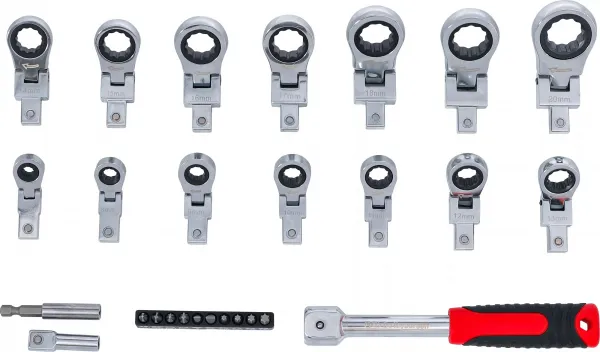 BGS Technics BGS 84529 – Račňový očkový kľúč s nástrčnými hlavicami a bitmi, sada 27 dielna (6–20 mm)