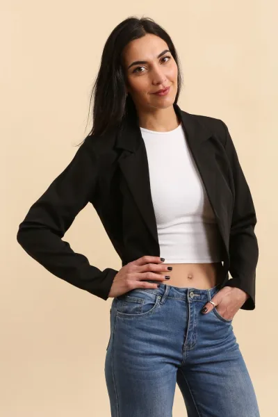 Dámske čierne elegantné sako bez zapínania (S, M, L) Farba: Čierna, Veľkosť: M