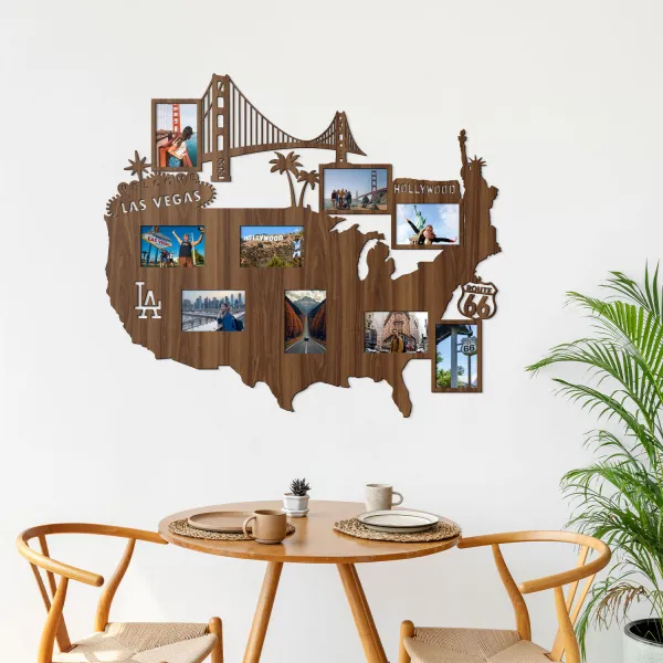Drevený nástenný fotorámik - Mapa USA