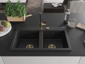 MEXEN/S MEXEN/S - Hektor granitový drez 2-bowl 800 x 480 mm, čierna/strieborná metalík, zlatý sifón 6521802000-73-G