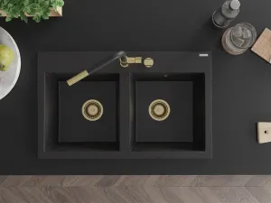 MEXEN/S MEXEN/S - Hektor granitový drez 2-bowl 800 x 480 mm, čierna/strieborná metalík, zlatý sifón 6521802000-73-G