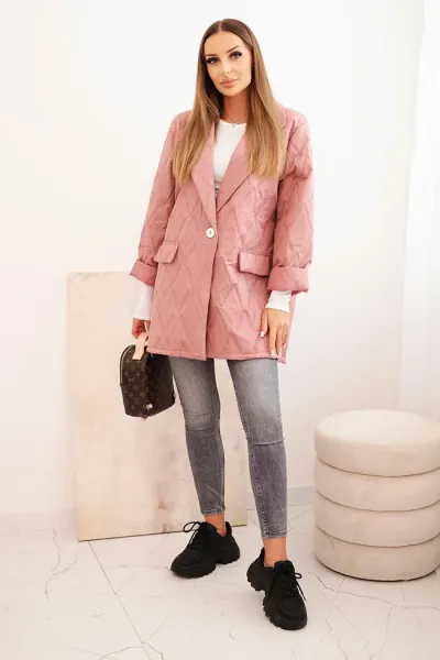 Legínovo Dámska plus size prešívaná bunda s golierom a gombíkom svetlo béžová Farba: Tmavoružová, Veľkosť: UNI