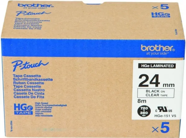 Brother HGe-151, 24mm x 8m, 5ks, čierna tlač / priehľadný podklad, originálná páska
