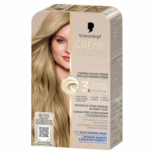 Schwarzkopf Creme Supreme permanentná farba na vlasy odtieň 9-16 Chladná popolavá veľmi svetlá blond 60 ml