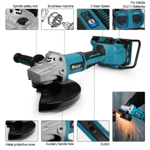 AMOEBA Bez uhlíková uhlová akumulátorová brúska 180mm 3000W 6000 otáčok. Verzia 2 x batérie a nabíjačka vhodná pre batérie MAKITA 18V
