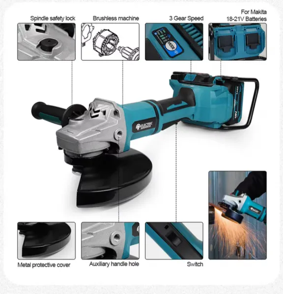 AMOEBA Bez uhlíková uhlová akumulátorová brúska 180mm 3000W 6000 otáčok. Verzia 2 x batérie a nabíjačka vhodná pre batérie MAKITA 18V