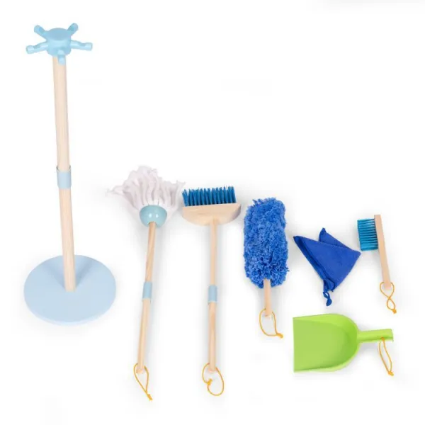 ECOTOYS Dřevěná úklidová sada pro děti CLEAN modrá
