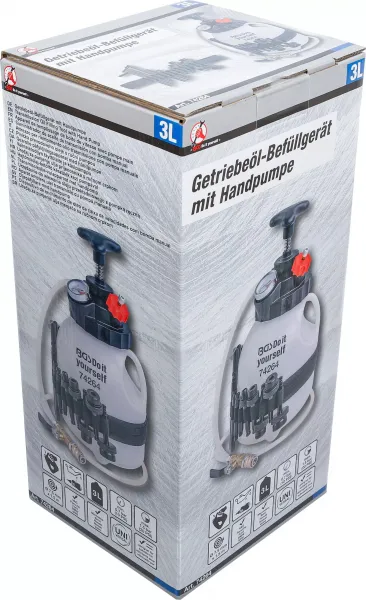 BGS Technics BGS 74264 – Prístroj na plnenie prevodového oleja s ručnou pumpou, 3 l + 12 adaptérov