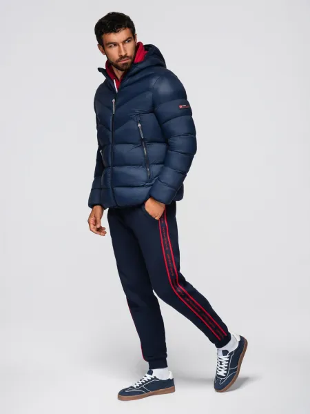 Ombre Modern men's quilted jacket of combined materials - navy blue