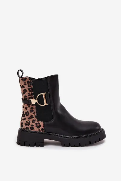 Boto Zateplené Členkové Čižmy Ženy S Zlatým Detaily Leopard Čierne Priscilla