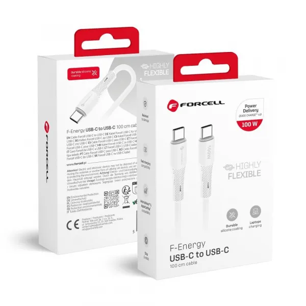 Forcell F-Energy kábel USB-C - USB-C, QC4.0, PD, 5A, 100W, 1 m, biely