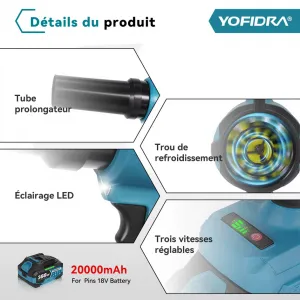 OneVan / Yofidra Extrémne výkonný Akumulátorový fúkač 2 v 1 Turbo Fúkač lístiaOneVan / Yofidra, maximálna rýchlosť vetra až 350 m/s. 2 x výkonné batérie 928Vf , dlhá výdrž . Vhodný pre batérie Makita 18V