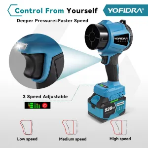 OneVan / Yofidra Extrémne výkonný Akumulátorový fúkač 2 v 1 Turbo Fúkač lístiaOneVan / Yofidra, maximálna rýchlosť vetra až 350 m/s. 2 x výkonné batérie 928Vf , dlhá výdrž . Vhodný pre batérie Makita 18V