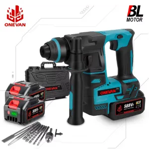 ONEVAN 2500W Bezuhlíková akumulátorová príklepová SDS vŕtačka vhodná pre batérie Makita 18V. 2 x batéria + kufor, doplnky