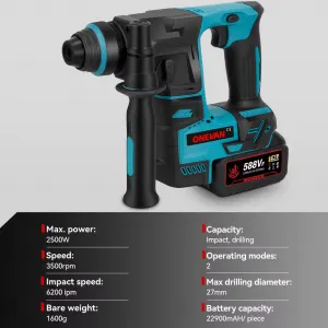 ONEVAN 2500W Bezuhlíková akumulátorová príklepová SDS vŕtačka vhodná pre batérie Makita 18V. 2 x batéria + kufor, doplnky