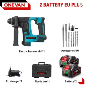 ONEVAN 2500W Bezuhlíková akumulátorová príklepová SDS vŕtačka vhodná pre batérie Makita 18V. 2 x batéria + kufor, doplnky