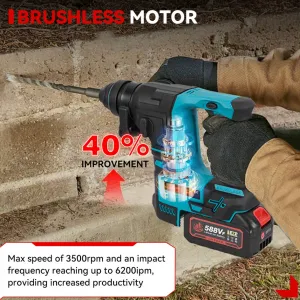 ONEVAN 2500W Bezuhlíková akumulátorová príklepová SDS vŕtačka vhodná pre batérie Makita 18V. 2 x batéria + kufor, doplnky