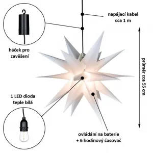Nexos 67069 Vianočná dekorácia - hviezda s časovačom 1 LED, 55 cm, biela